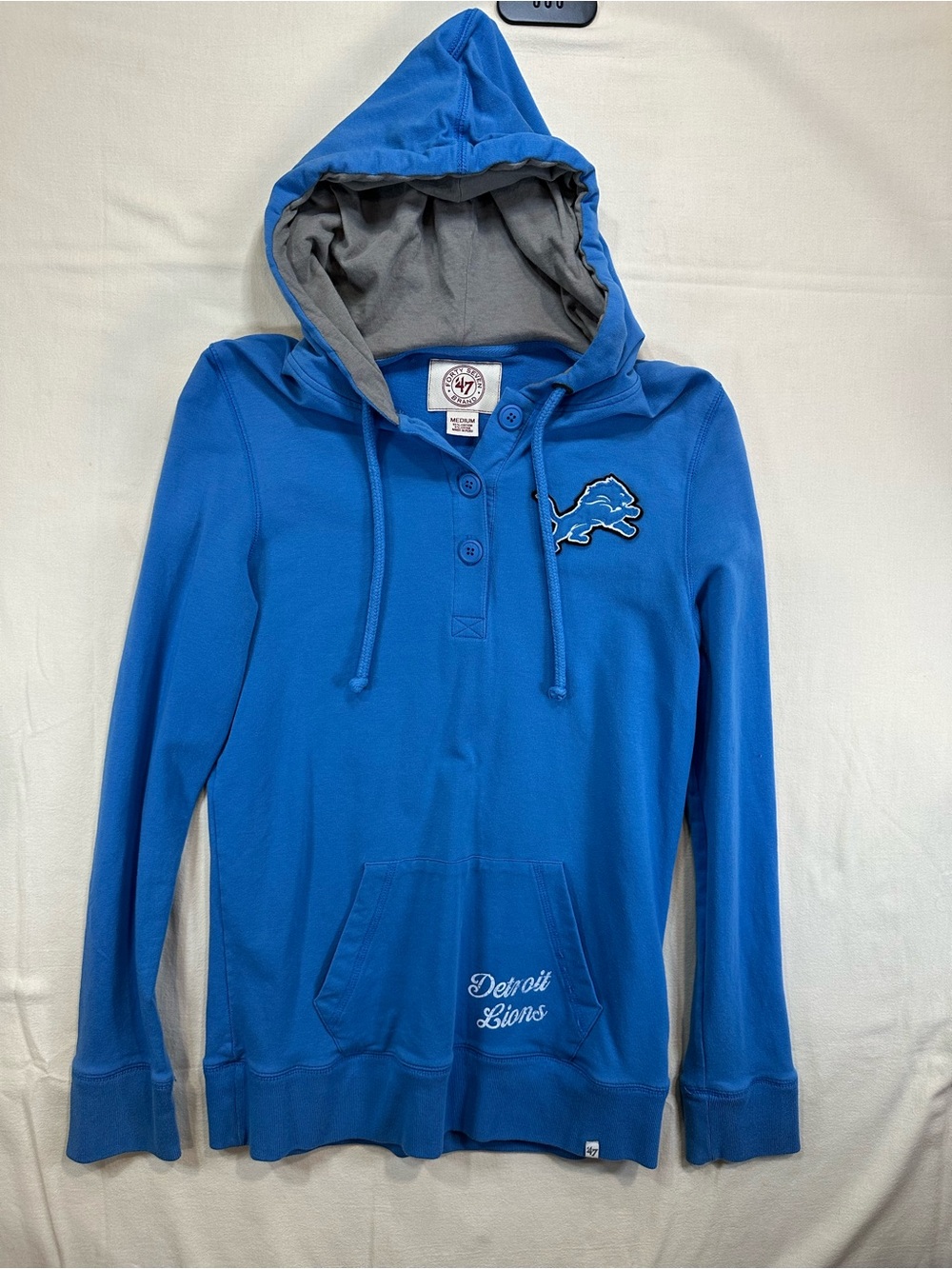 ’47 Brand Detroit Lions Women's Henley Hoodie Blue Size M French Terry Cotton